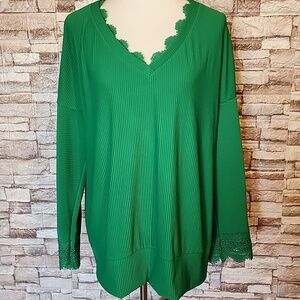 Trendy Queen Green Blouse With Lace Trim